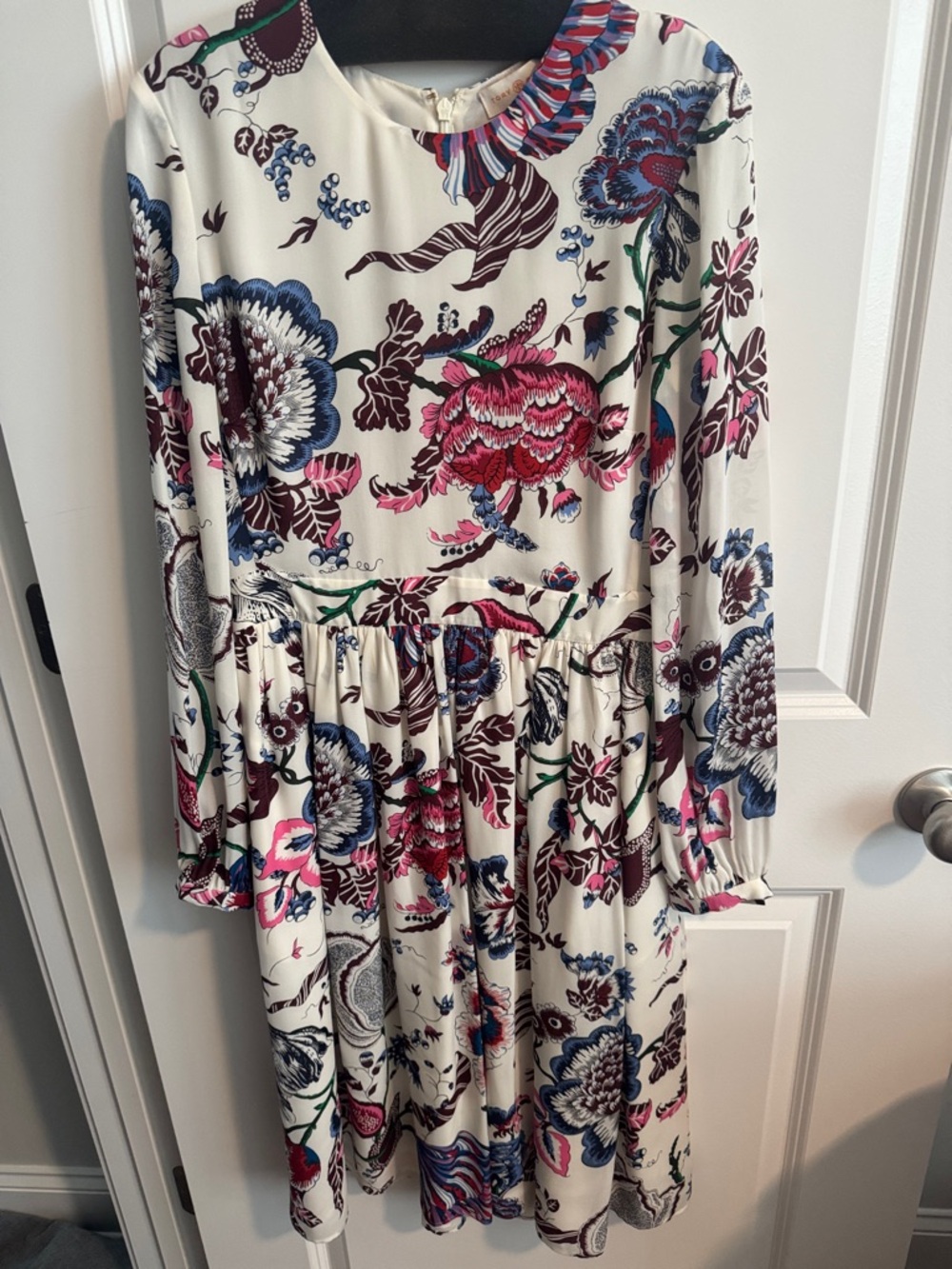 Tory Burch Floral Long Sleeve Ivory Fit-and-Flare Dress with Pink & Blue Blooms